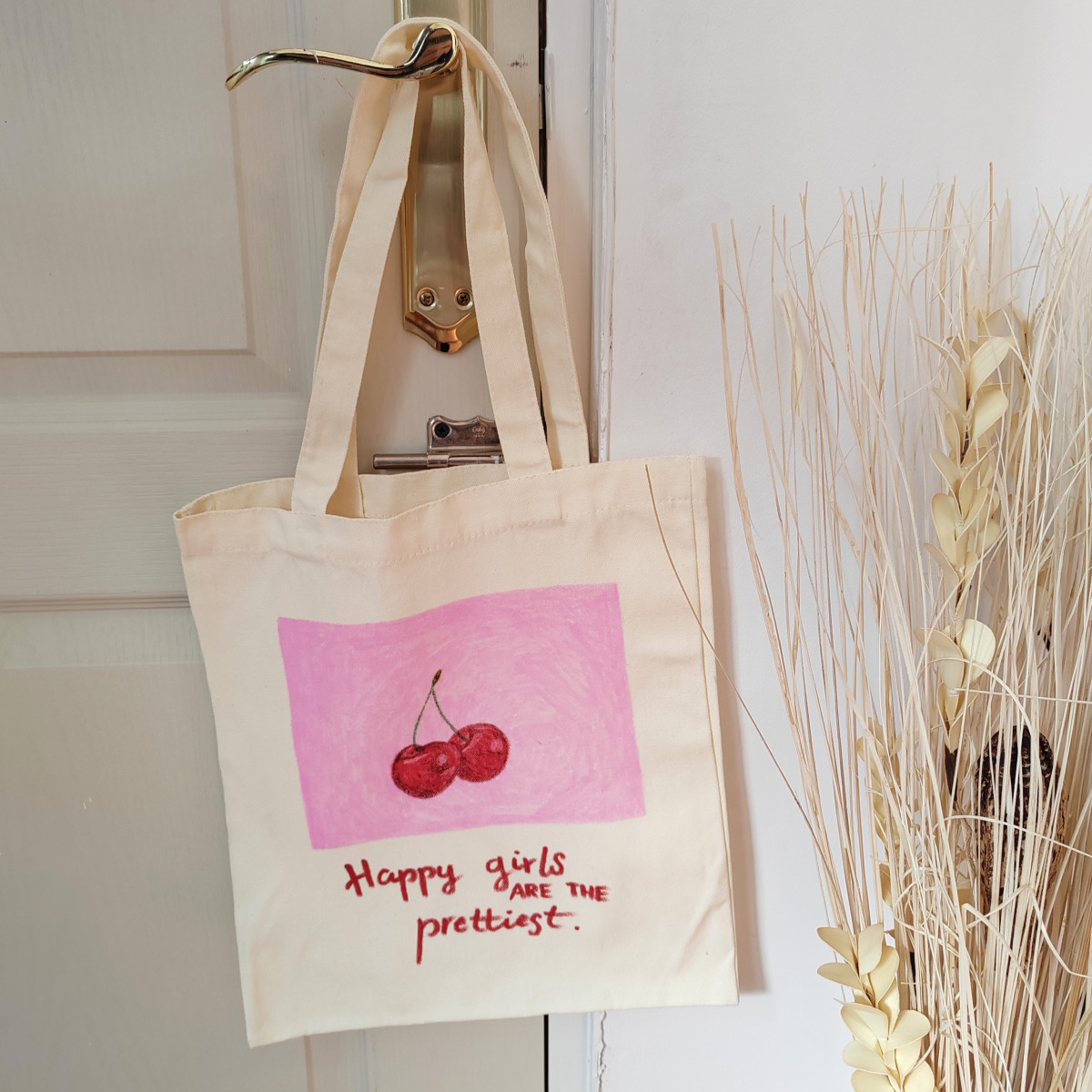 Cute Painted Totes Hand-Painted Tote Bag With Cherries Quote